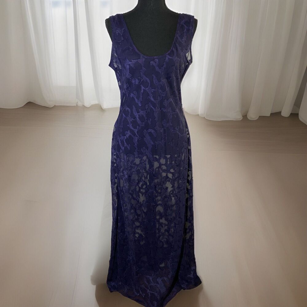 VTG Victoria’s Secret Gold Label Purple Burnout Slip Dress Sheer Maxi Gown M